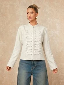 Lumalex Women's Casual French Elegant Fashion Off-White Rivet Stand Collar Short Party Office Jacket, Suitable For June Festival Holidays Fall - Apricot - View 8