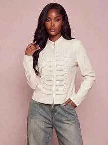 Lumalex Women's Casual French Elegant Fashion Off-White Rivet Stand Collar Short Party Office Jacket, Suitable For June Festival Holidays Fall - Apricot - View 2