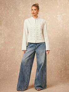 Lumalex Women's Casual French Elegant Fashion Off-White Rivet Stand Collar Short Party Office Jacket, Suitable For June Festival Holidays Fall - Apricot - View 6