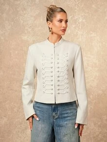 Lumalex Women's Casual French Elegant Fashion Off-White Rivet Stand Collar Short Party Office Jacket, Suitable For June Festival Holidays Fall - Apricot - View 7