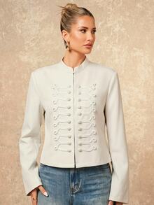 Lumalex Women's Casual French Elegant Fashion Off-White Rivet Stand Collar Short Party Office Jacket, Suitable For June Festival Holidays Fall - Apricot - View 5