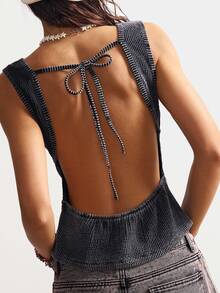 Bohemela Casual Solid Color Knitted Backless Slim Fit Tank Top For Women - Black - View 3