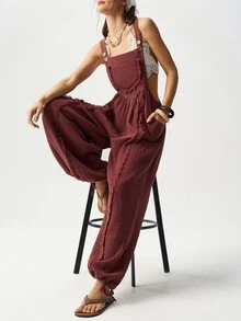 Bohemela BOHO 女款春夏休閒梭織連身褲，復古水洗度假風酒紅色 - 酒紅色 - 查看 4