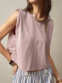 Bohemela Women's Round Neck Sleeveless Vacation Tank Top - Dusty Pink - View 7