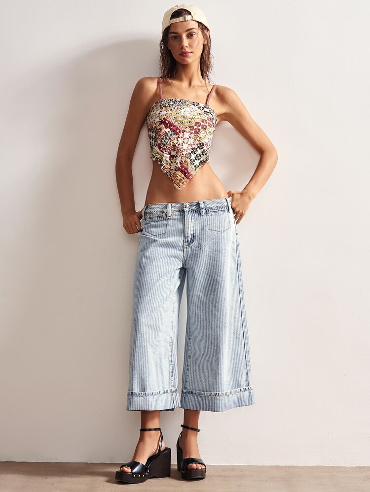 Bohemela Women's Summer BOHO Woven Low Waisted Wide Leg Cropped Denim Jeans, Back To School, Vintage - Light Wash - View 5