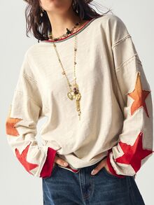 Bohemela BOHO Vintage Casual Color Block Round Neck Long Sleeve Women Sweatshirt In Fall/Winter - Apricot - View 3