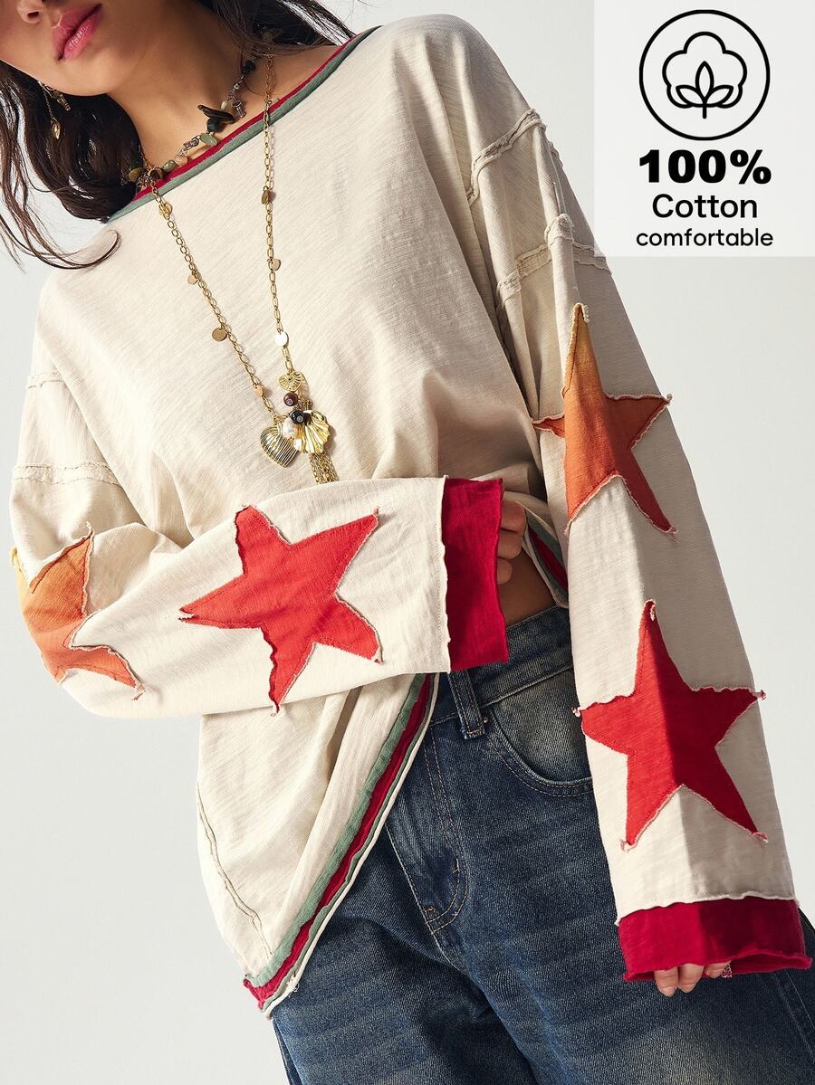 Bohemela BOHO Vintage Casual Color Block Round Neck Long Sleeve Women Sweatshirt In Fall/Winter - Apricot - View 1