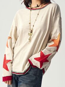 Bohemela BOHO Vintage Casual Color Block Round Neck Long Sleeve Women Sweatshirt In Fall/Winter - Apricot - View 6