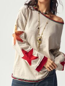 Bohemela BOHO Vintage Casual Color Block Round Neck Long Sleeve Women Sweatshirt In Fall/Winter - Apricot - View 2