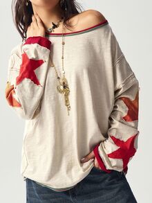 Bohemela BOHO Vintage Casual Color Block Round Neck Long Sleeve Women Sweatshirt In Fall/Winter - Apricot - View 5