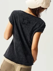 Bohemela Women's Solid Color V-Neck Short Sleeve Fitted Washed T-Shirt, Summer Easter - Black - View 7