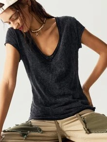 Bohemela Women's Solid Color V-Neck Short Sleeve Fitted Washed T-Shirt, Summer Easter - Black - View 6