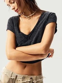 Bohemela Women's Solid Color V-Neck Short Sleeve Fitted Washed T-Shirt, Summer Easter - Black - View 5