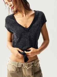 Bohemela Women's Solid Color V-Neck Short Sleeve Fitted Washed T-Shirt, Summer Easter - Black - View 4