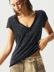 Bohemela Women's Solid Color V-Neck Short Sleeve Fitted Washed T-Shirt, Summer Easter - Black - View 3