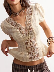 Bohemela 女款米色夏季優雅波希米亞風提花布拼接蕾絲飾邊泡泡袖開襟上衣，度假嘉年華海灘假期約會上衣 - 杏色 - 查看 2