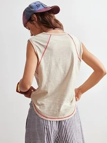 Bohemela 女士休闲舒适 Y2K 波西米亚风音乐节复古图案印花钩针撞色细节燕麦色针织纹理圆领T恤，夏季上衣，基础款上衣，完美适用于休闲外出、闺蜜聚会、音乐节、派对叠穿或居家休闲穿着，自由随性风格 - 杏色 - 查看 5