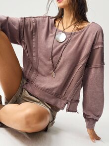 Bohemela 秋冬季波西米亚风纯色针织连帽长袖宽松短款女式卫衣 - 摩卡棕 - 查看 3