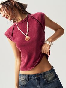 Bohemela Solid Color Knit Round Neck Slim Fitted Casual 2000s T-Shirt For Women Everyday Daytime Burgundy Red Summer - Burgundy - View 2