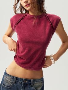 Bohemela Solid Color Knit Round Neck Slim Fitted Casual 2000s T-Shirt For Women Everyday Daytime Burgundy Red Summer - Burgundy - View 5