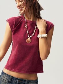 Bohemela Solid Color Knit Round Neck Slim Fitted Casual 2000s T-Shirt For Women Everyday Daytime Burgundy Red Summer - Burgundy - View 7