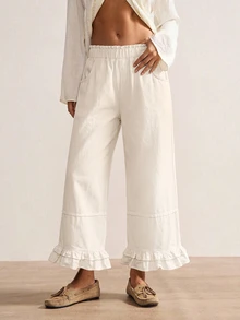 Bohemela Casual Solid Color Knit Loose Wide Leg Women's Long Pants Vacation White Summer - White - View 7