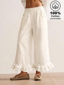 Bohemela Casual Solid Color Knit Loose Wide Leg Women's Long Pants Vacation White Summer - White - View 1