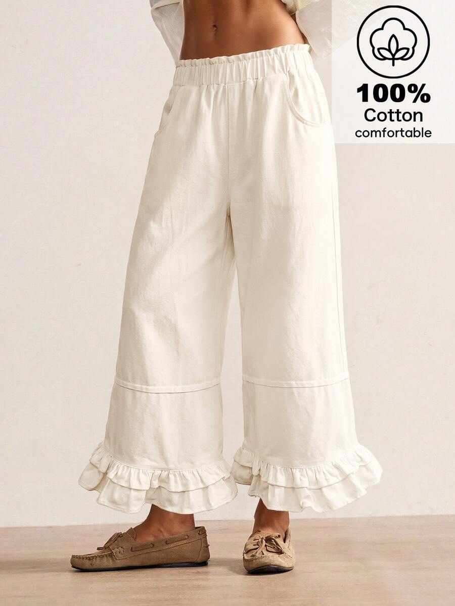 Bohemela Casual Solid Color Knit Loose Wide Leg Women's Long Pants Vacation White Summer - White - View 1