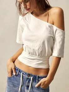 Bohemela 1 件女式纯色针织不对称领短款上衣 - 米色 - 查看 2
