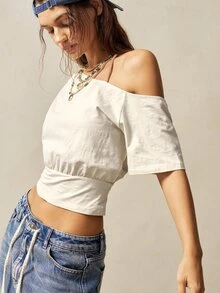 Bohemela 1 件女式纯色针织不对称领短款上衣 - 米色 - 查看 3