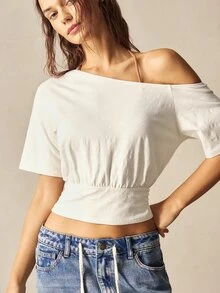 Bohemela 1 件女式纯色针织不对称领短款上衣 - 米色 - 查看 4