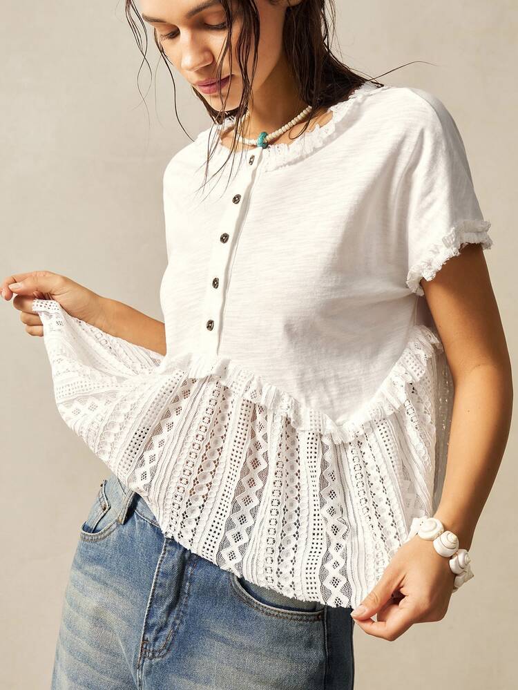 Bohemela Solid Color Knit Lace Panel Round Neck Loose Asymmetrical Hem Women T-Shirt - White - View 2
