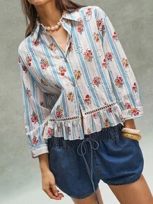 Bohemela 女士休闲碎花条纹长袖荷叶边下摆衬衫 - 淡黃色 - 查看 7