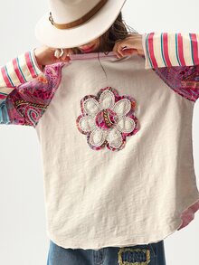 Bohemela BOHO Casual Knit Patchwork Printed Round Neck Loose T-Shirt For Women, Autumn Vacation Beige - Multicolor - View 4