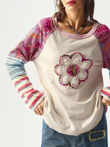 Bohemela BOHO Casual Knit Patchwork Printed Round Neck Loose T-Shirt For Women, Autumn Vacation Beige - Multicolor - View 6