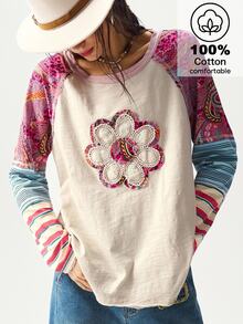 Bohemela BOHO Casual Knit Patchwork Printed Round Neck Loose T-Shirt For Women, Autumn Vacation Beige - Multicolor - View 1
