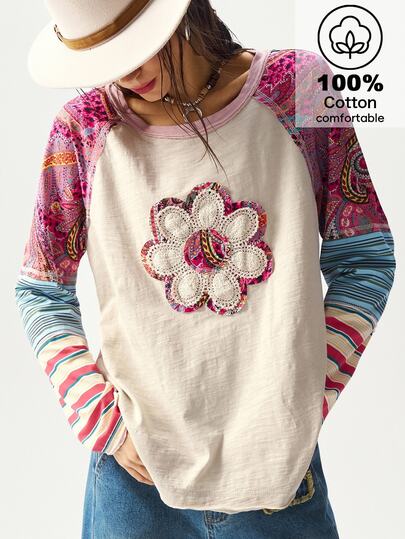 Bohemela BOHO 休闲针织拼布印花圆领宽松女式 T 恤，秋季