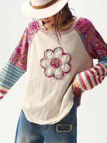 Bohemela BOHO Casual Knit Patchwork Printed Round Neck Loose T-Shirt For Women, Autumn Vacation Beige - Multicolor - View 5