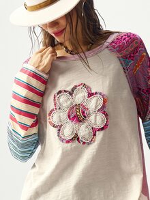 Bohemela BOHO Casual Knit Patchwork Printed Round Neck Loose T-Shirt For Women, Autumn Vacation Beige - Multicolor - View 3