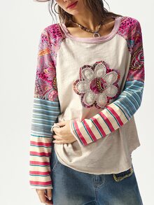 Bohemela BOHO Casual Knit Patchwork Printed Round Neck Loose T-Shirt For Women, Autumn Vacation Beige - Multicolor - View 2