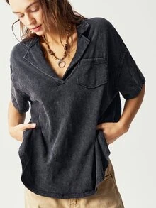 Bohemela Casual Solid Color Knit Notch Collar Short Sleeve Loose Washing Women T-Shirt - Black - View 3
