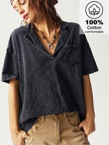 Bohemela Casual Solid Color Knit Notch Collar Short Sleeve Loose Washing Women T-Shirt - Black - View 1