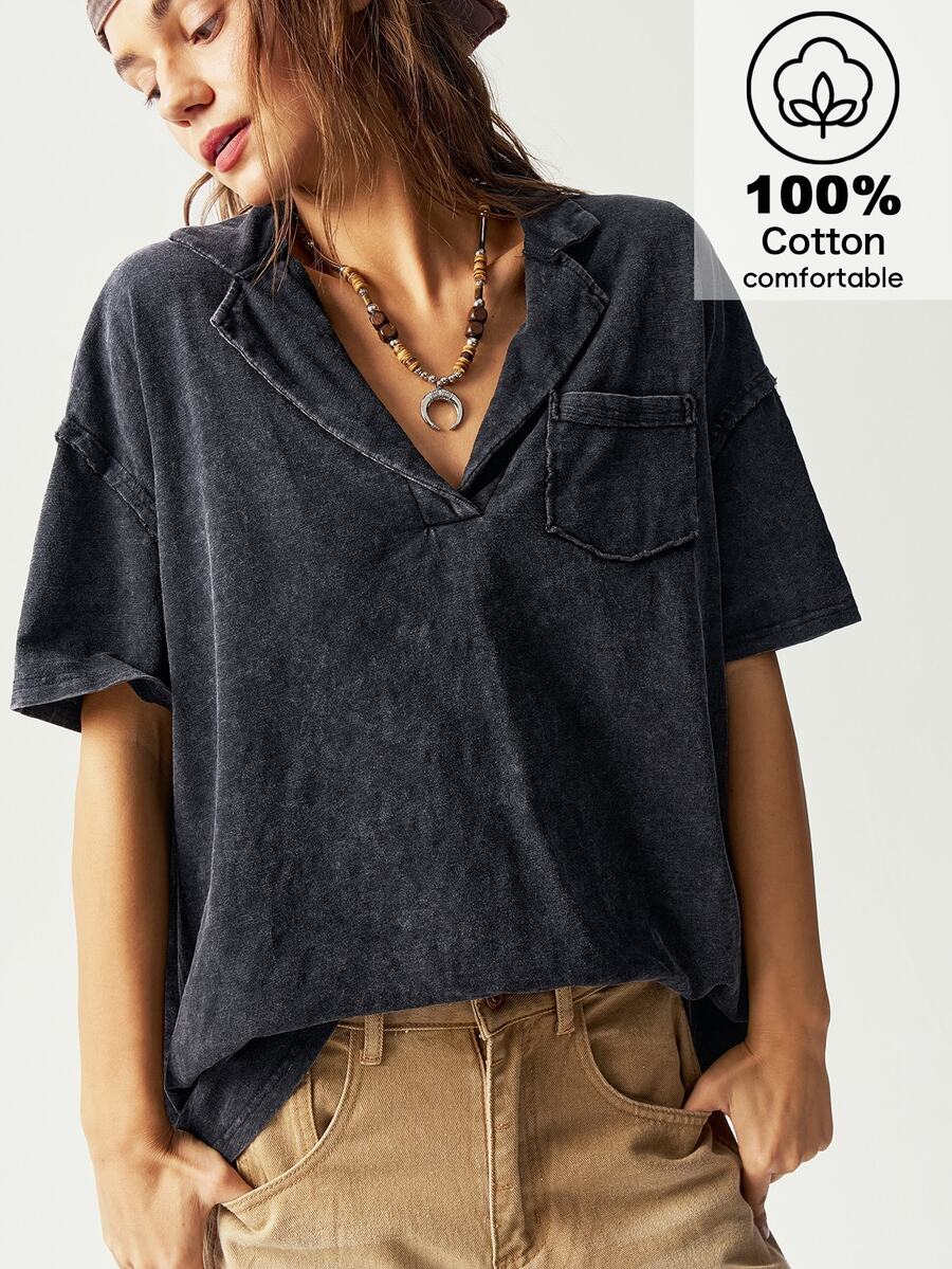 Bohemela Casual Solid Color Knit Notch Collar Short Sleeve Loose Washing Women T-Shirt - Black - View 1