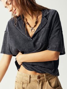 Bohemela Casual Solid Color Knit Notch Collar Short Sleeve Loose Washing Women T-Shirt - Black - View 2