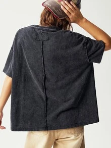 Bohemela Casual Solid Color Knit Notch Collar Short Sleeve Loose Washing Women T-Shirt - Black - View 6