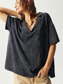Bohemela Casual Solid Color Knit Notch Collar Short Sleeve Loose Washing Women T-Shirt - Black - View 4
