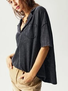 Bohemela Casual Solid Color Knit Notch Collar Short Sleeve Loose Washing Women T-Shirt - Black - View 7