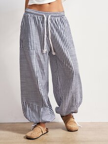 Bohemela Boho Striped Patchwork Loose Wide Leg Pants For Women, Suitable For Autumn, Beach Vacation, Valentine's Day, Music Festival White - Grey - View 2