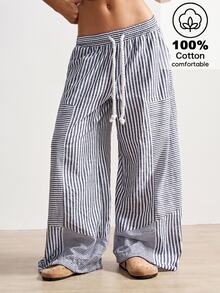 Bohemela Boho Striped Patchwork Loose Wide Leg Pants For Women, Suitable For Autumn, Beach Vacation, Valentine's Day, Music Festival White - Grey - View 1