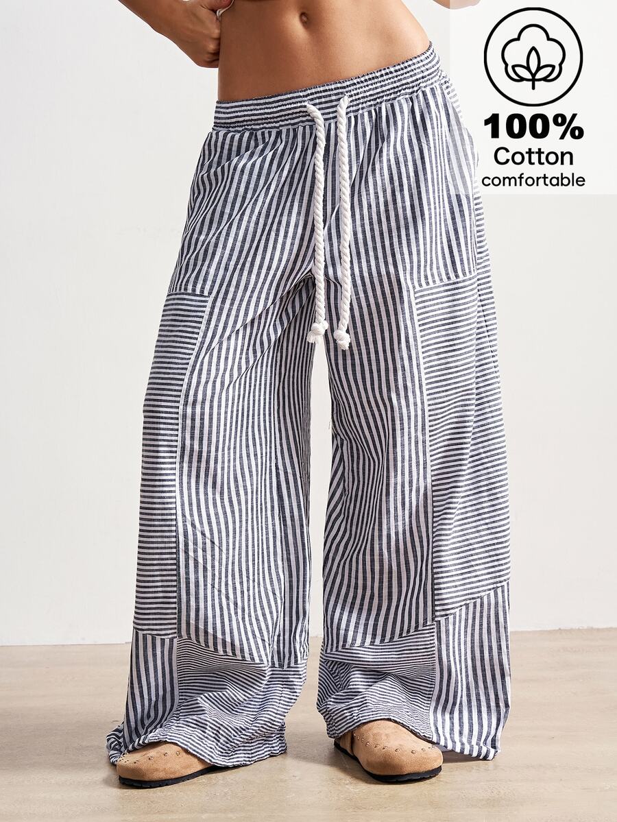 Bohemela Boho Striped Patchwork Loose Wide Leg Pants For Women, Suitable For Autumn, Beach Vacation, Valentine's Day, Music Festival White - Grey - View 1